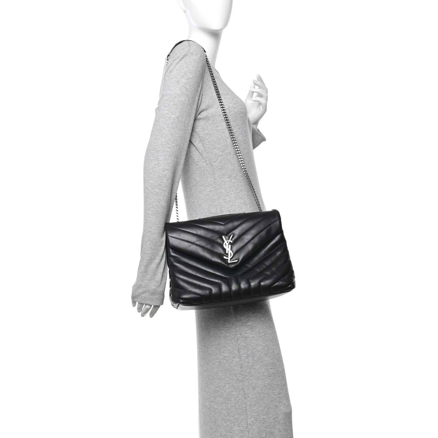 Calfskin Y Quilted Monogram Medium Loulou Chain Satchel Black