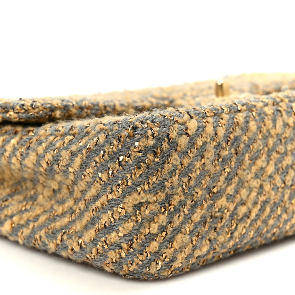 Metallic Tweed Quilted Medium Single Flap Beige Grey Gold