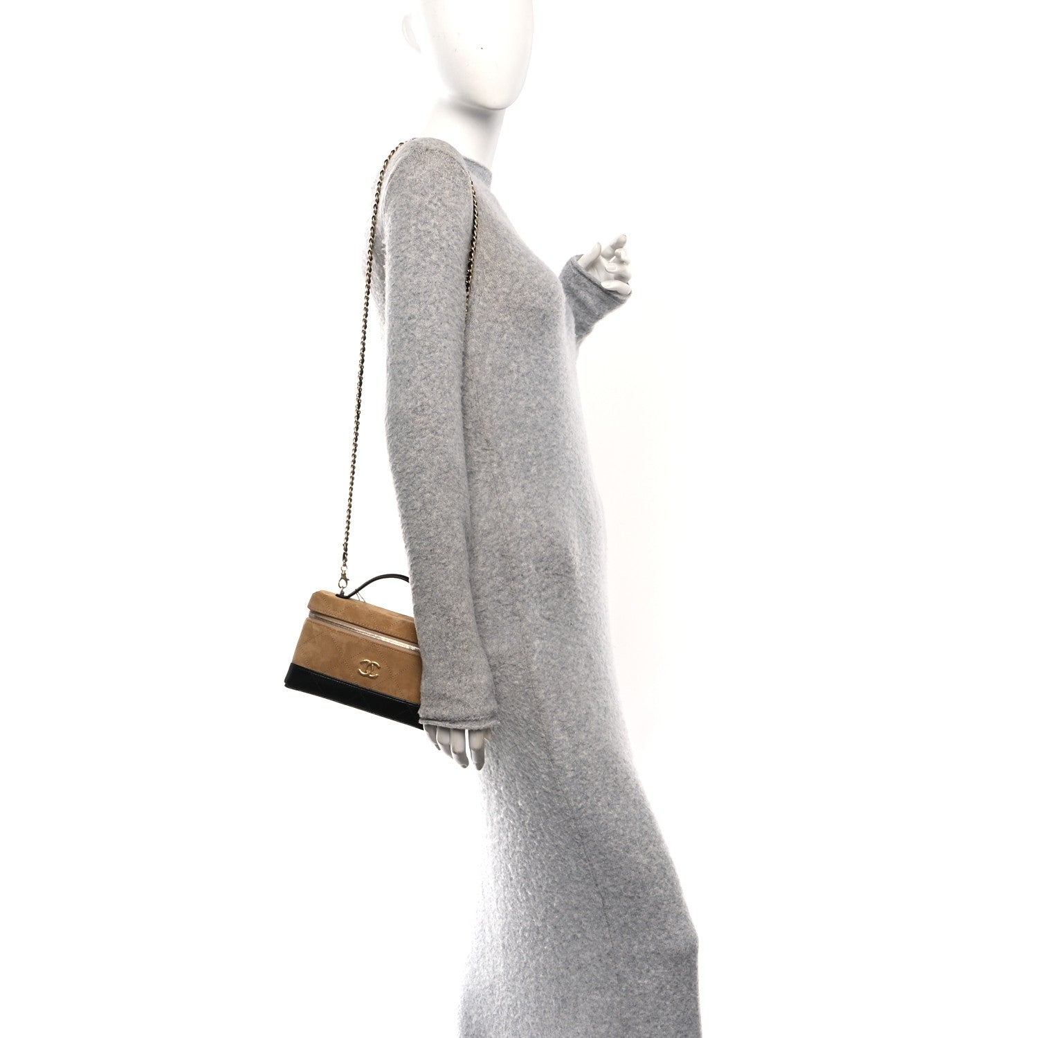 Suede Calfskin Shiny Lambskin Stitched Top Handle Slim Vanity Case With Chain Beige Black