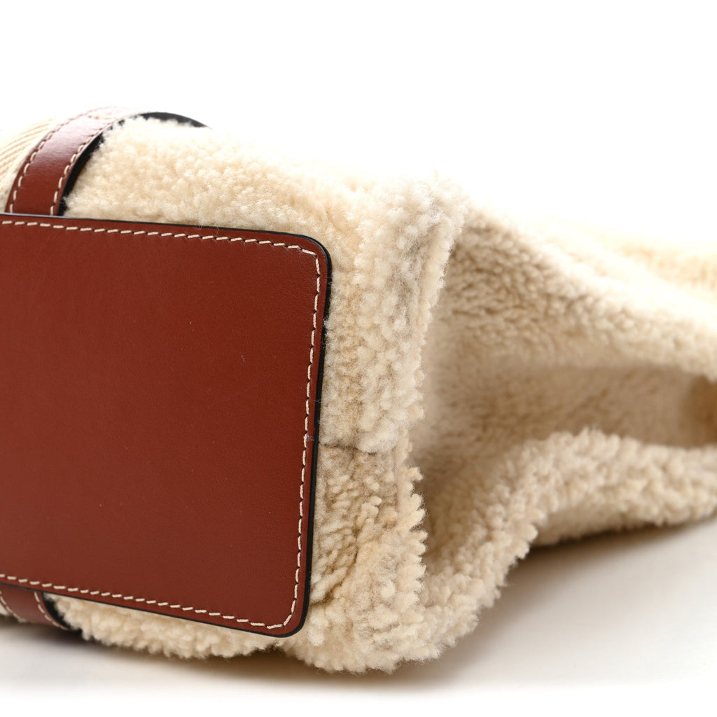 Shearling Calfskin Large Woody Ribbon Tote Mild Beige