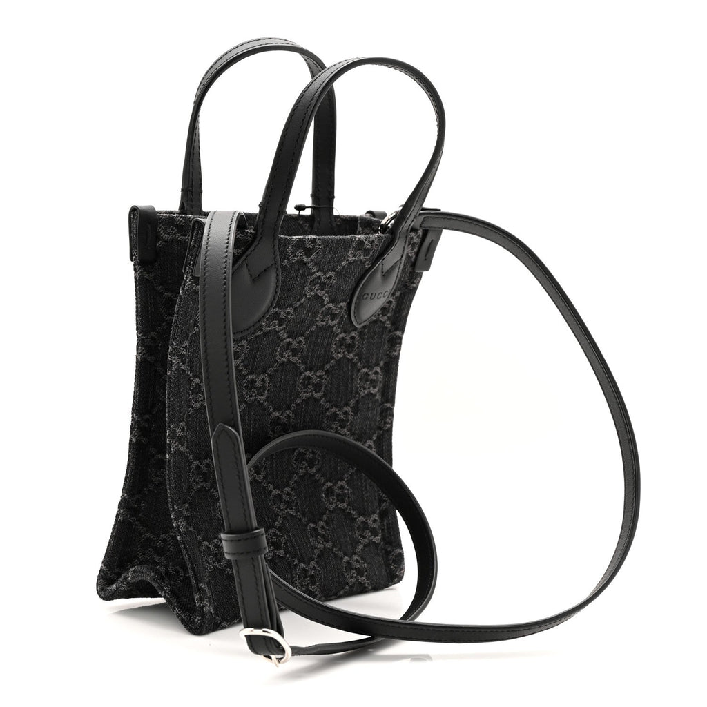 Denim Cuoio Harness GG Monogram Mini Ophidia Tote Bag Black Medium Grey