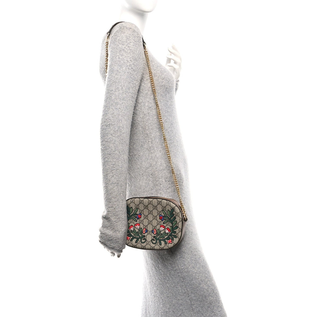 GG Supreme Monogram Floral Embroidered Mini Chain Shoulder Bag Beige Ebony Tuscany