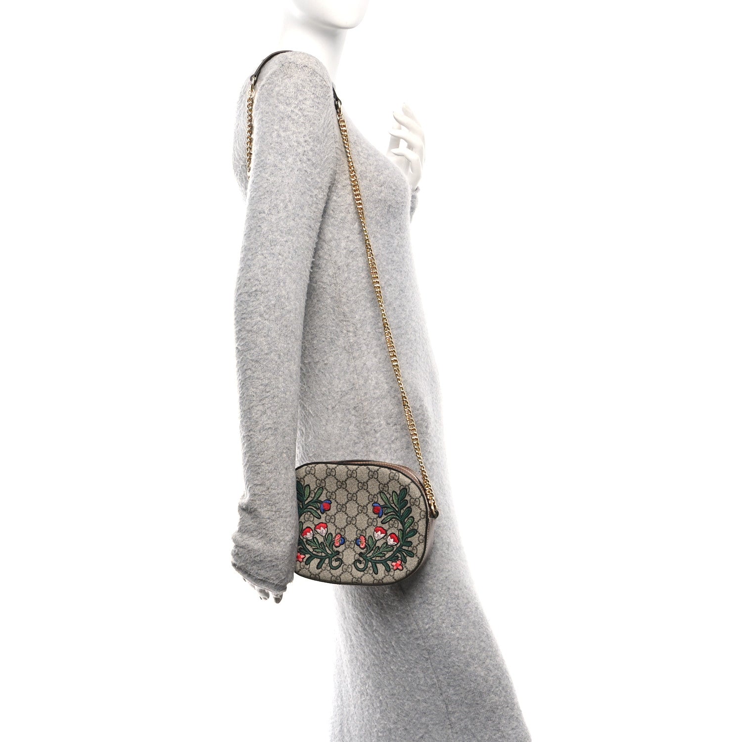 GG Supreme Monogram Floral Embroidered Mini Chain Shoulder Bag Beige Ebony Tuscany