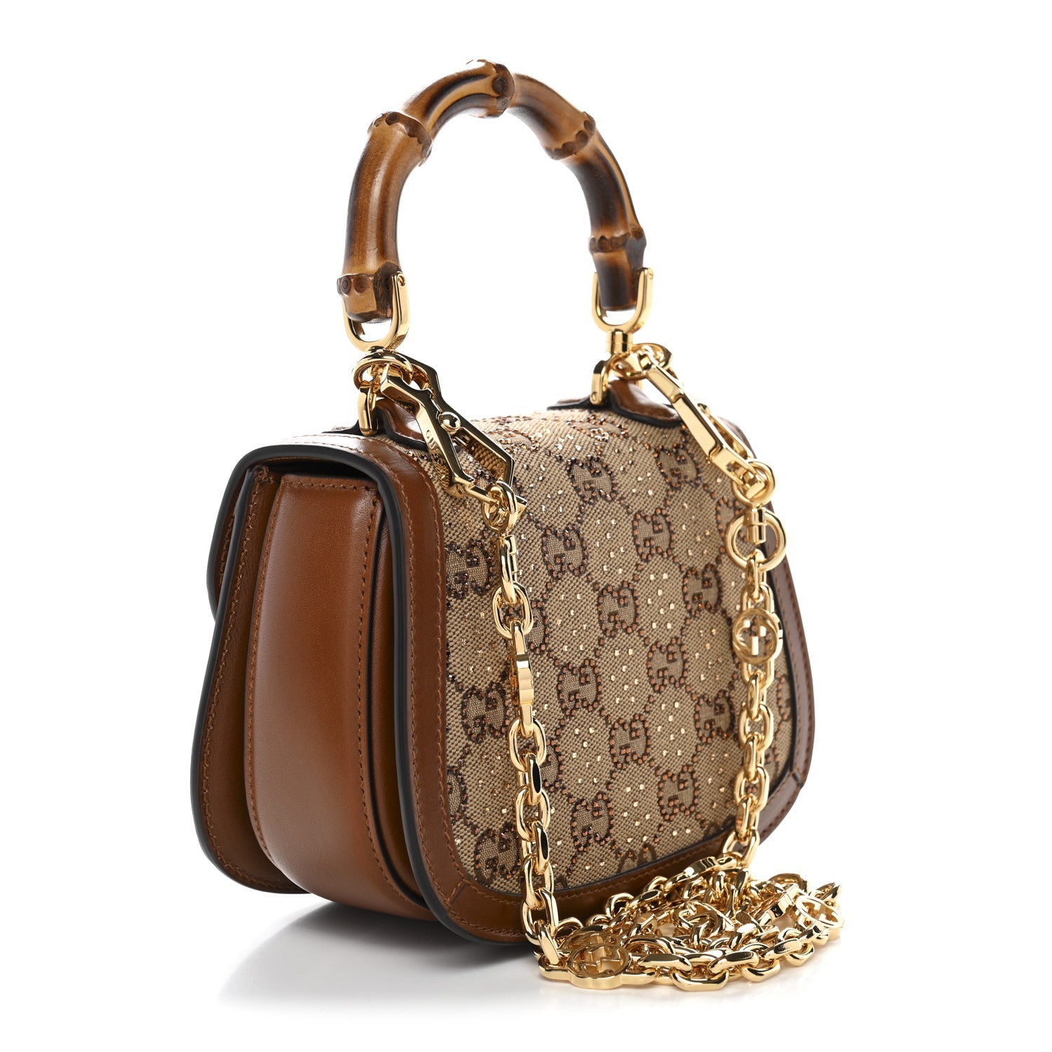 New Canvas Charisma Calfskin Crystal GG Monogram Small Bamboo 1947 Top Handle Bag Camel Ebony
