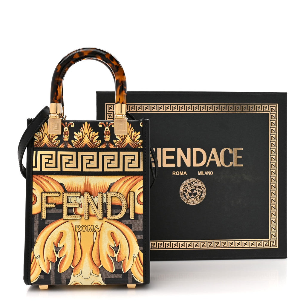 X VERSACE Vitello King Catalan Mirror Plexiglass Fendace FF Baroque Logo Mini Fendi Sunshine Shopper Tote Black Gold