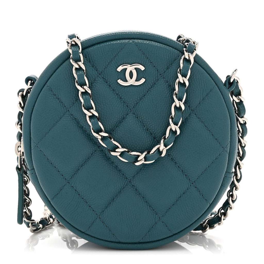 Caviar Quilted Round Clutch With Chain Green