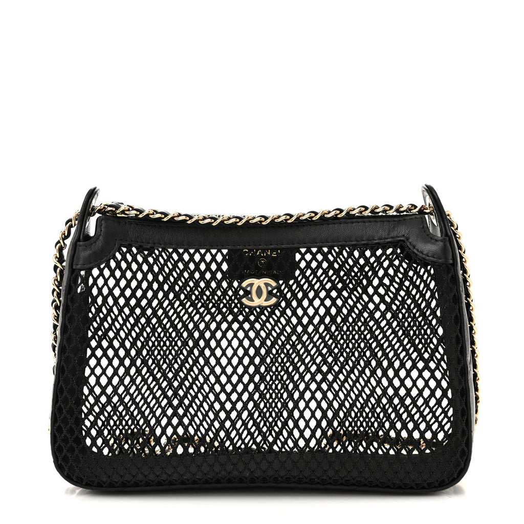 Mesh Shiny Lambskin Clutch With Chain Black