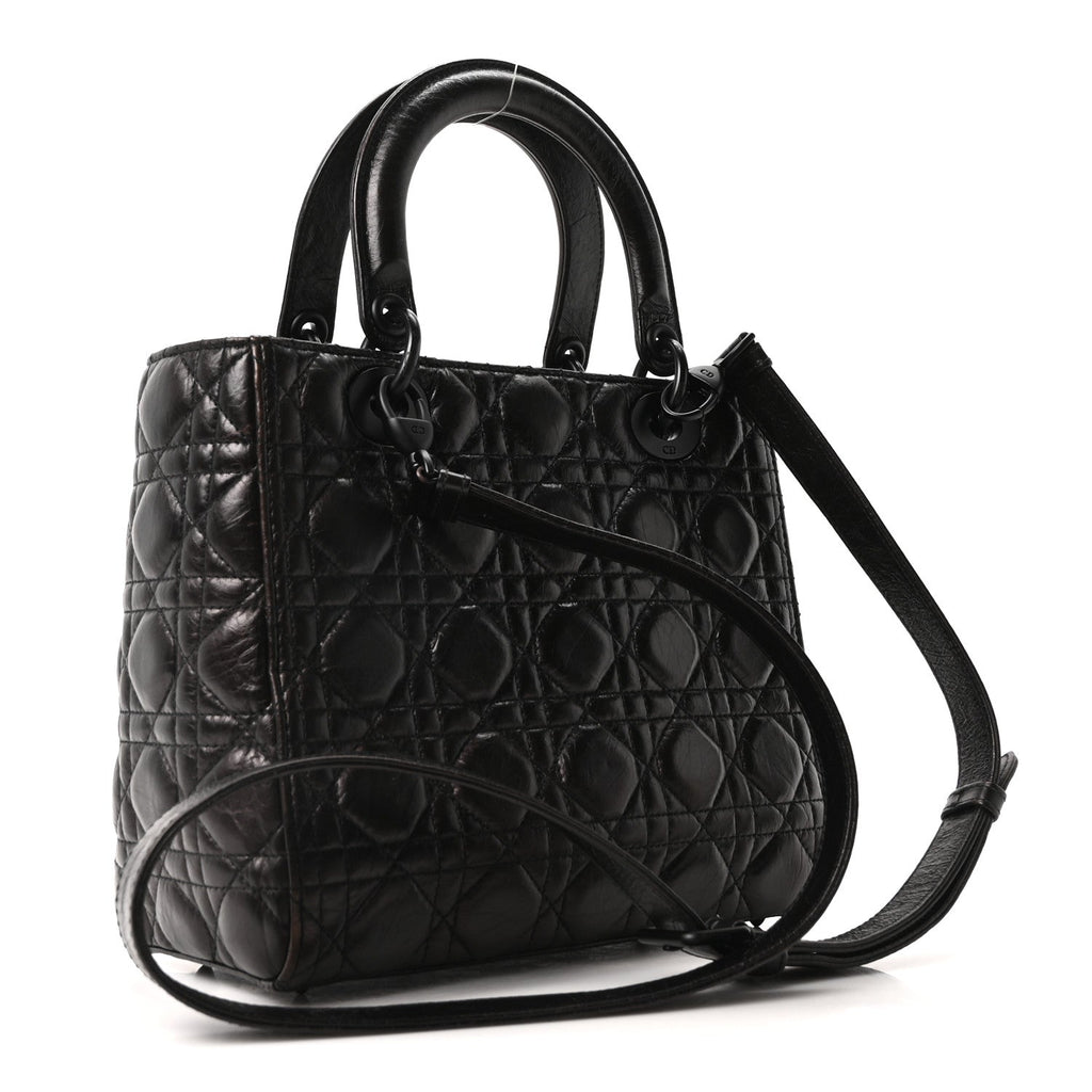 Crinkled Calfskin Cannage Medium Lady Dior Black