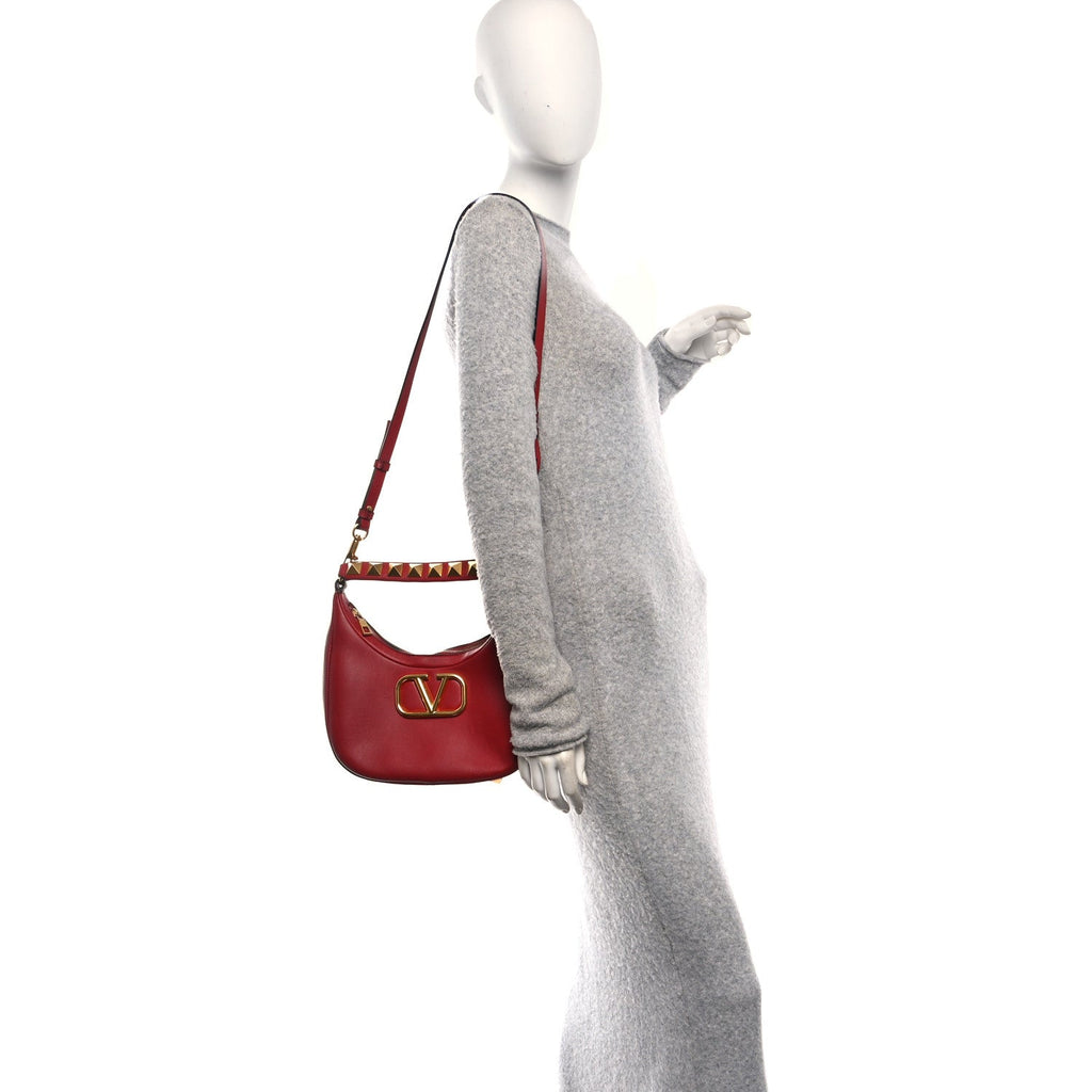 Calfskin Stud Sign Zip Hobo Rosso Valentino