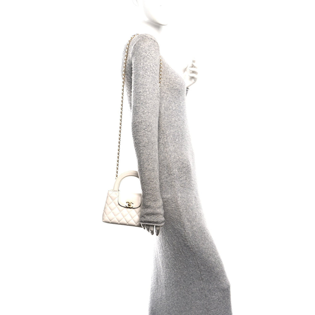 Shiny Aged Calfskin Quilted Nano Kelly Shopper White