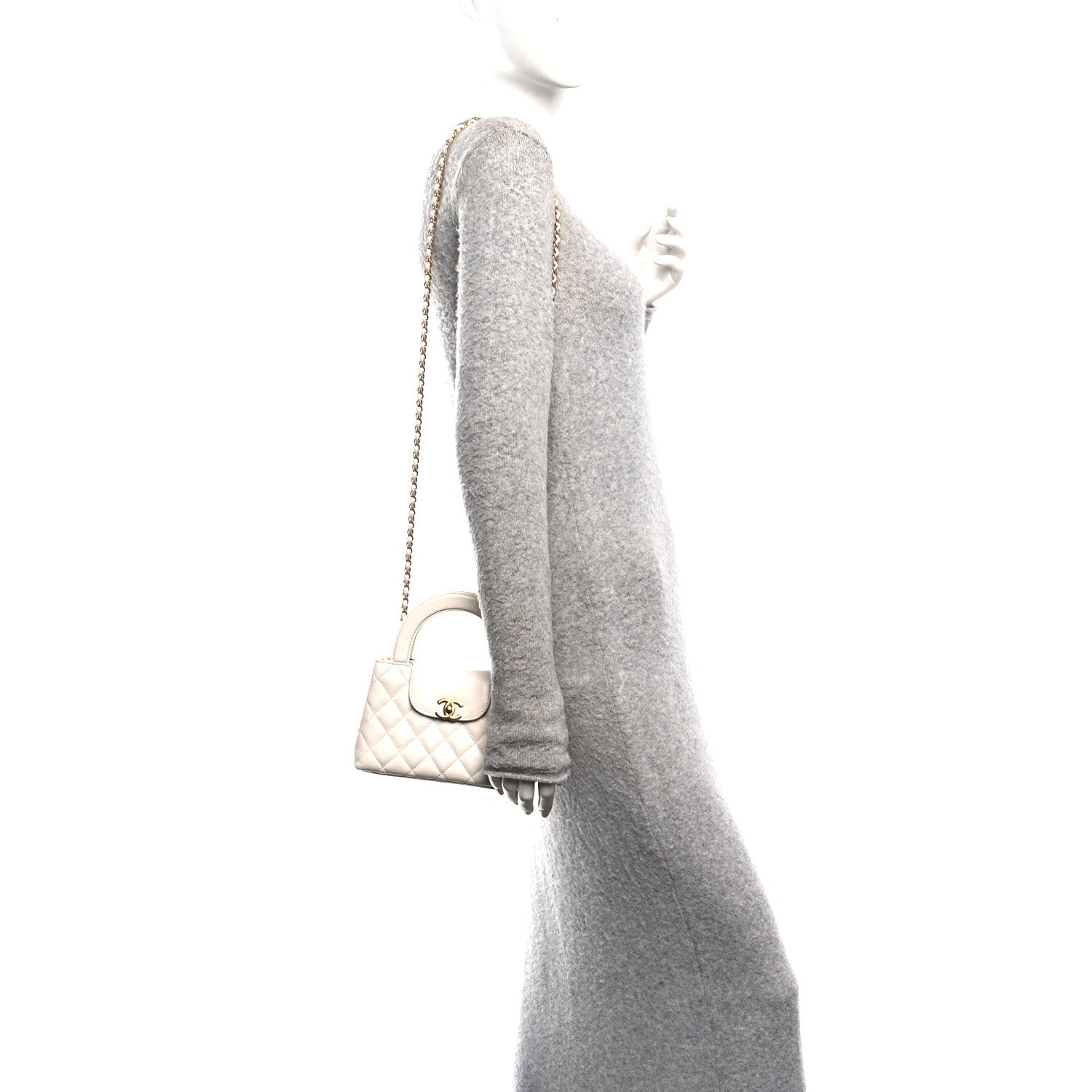 Shiny Aged Calfskin Quilted Nano Kelly Shopper White