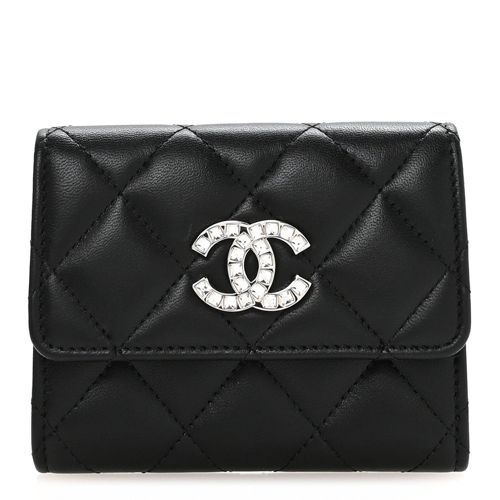 Lambskin Quilted Flap Baguette Crystal  Holder Wallet Black
