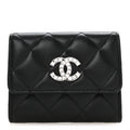 Lambskin Quilted Flap Baguette Crystal  Holder Wallet Black