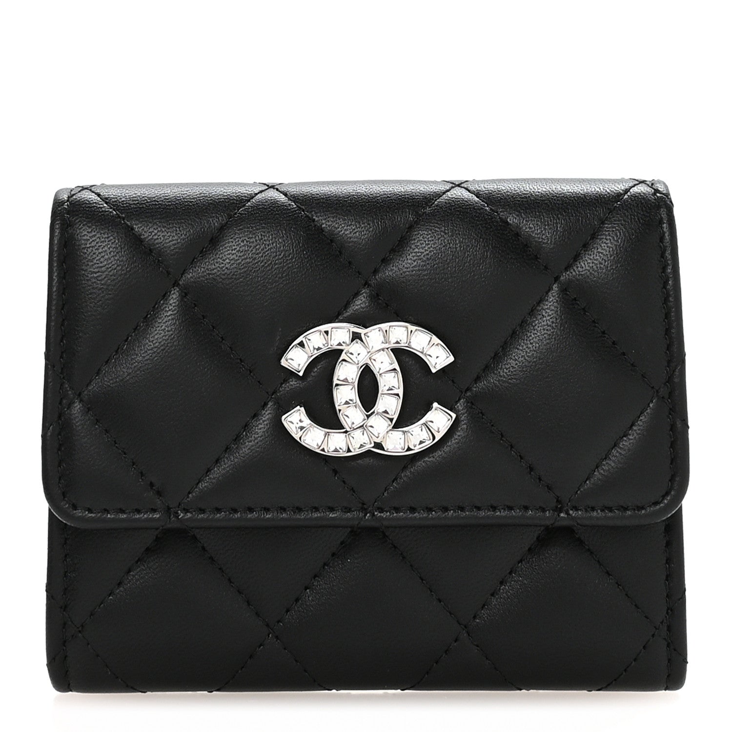 Lambskin Quilted Flap Baguette Crystal  Holder Wallet Black