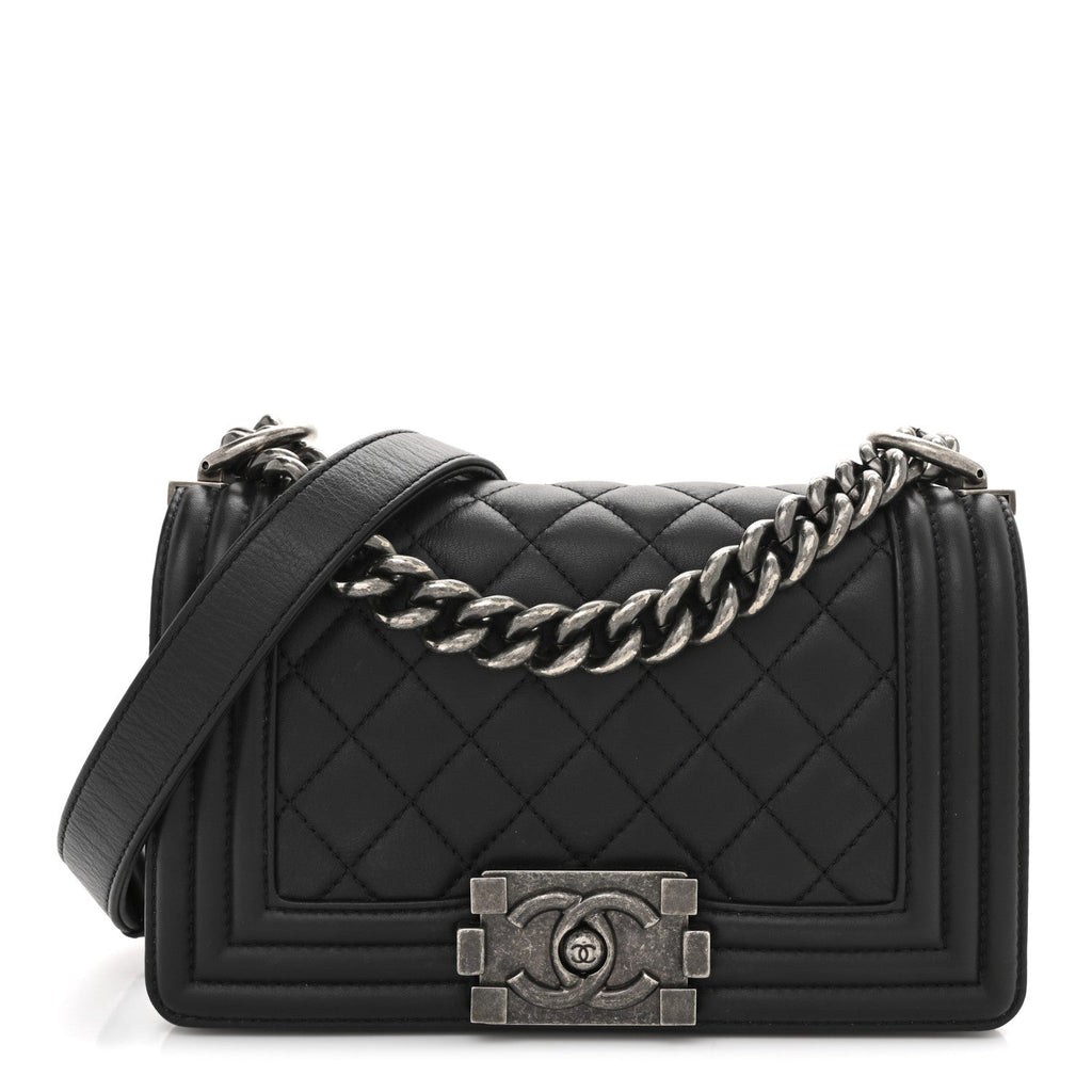 Calfskin Quilted Small Boy Flap Black