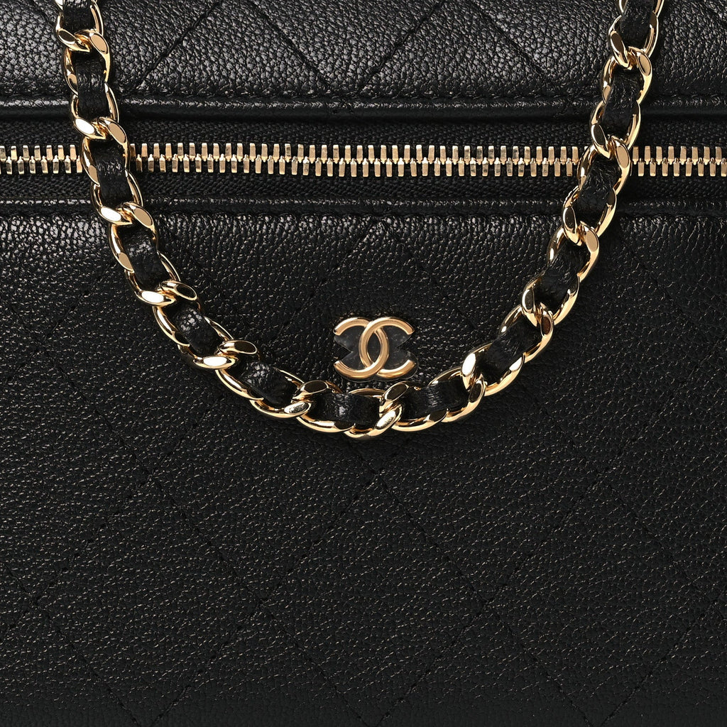 Goatskin Stitched Top Handle Slim Vanity With Chain Black