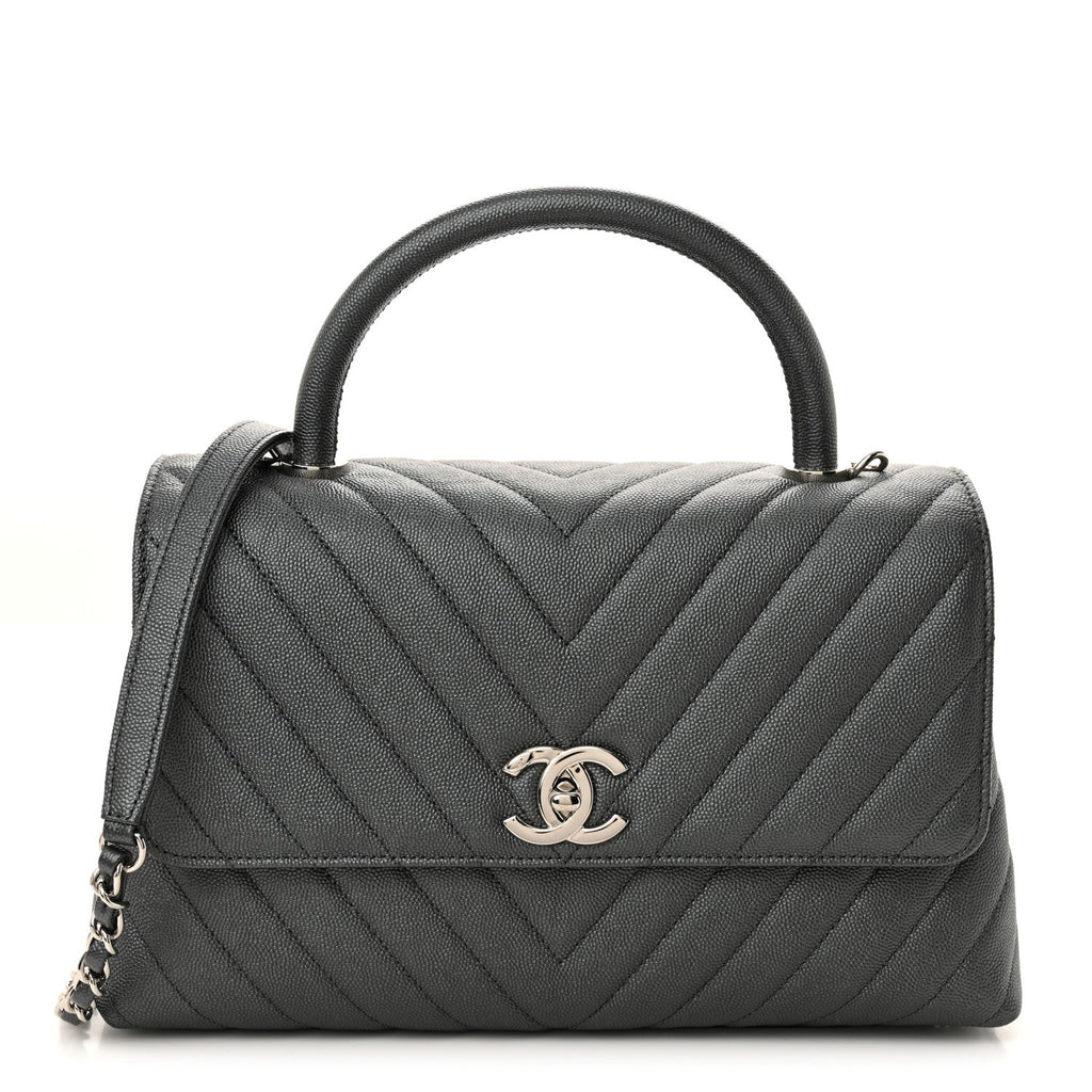 Metallic Caviar Chevron Quilted Small Coco Handle Flap Dark Silver