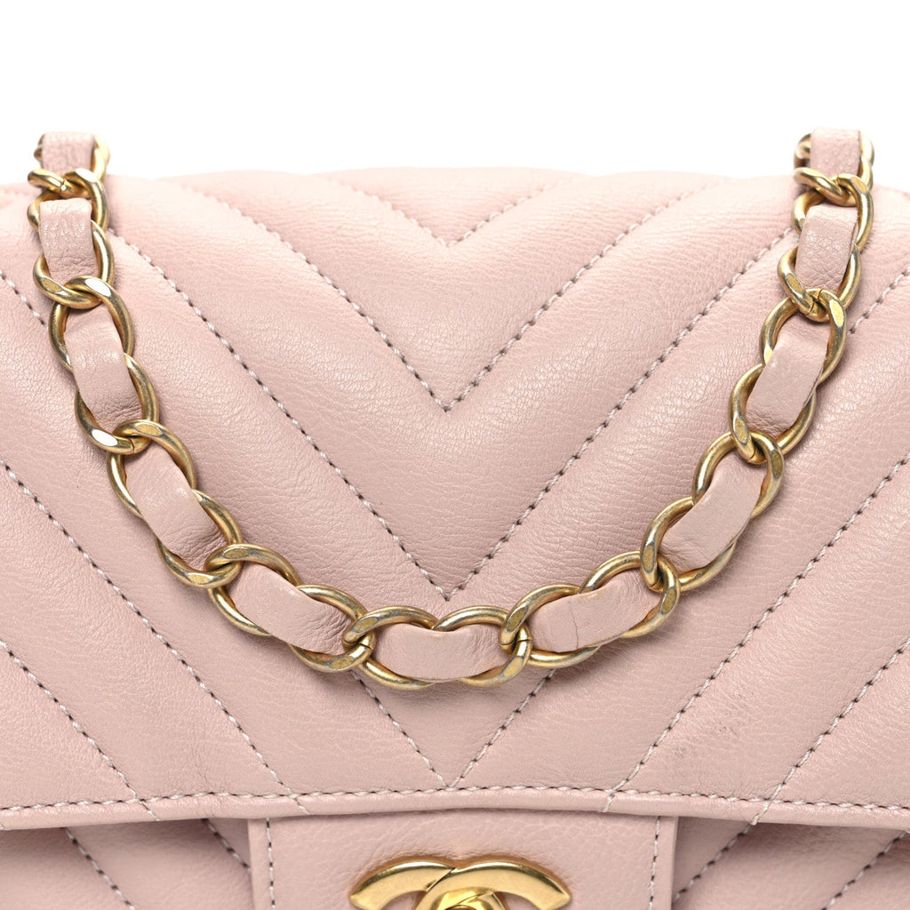 Calfskin Chevron Quilted Mini Rectangular Flap Light Pink