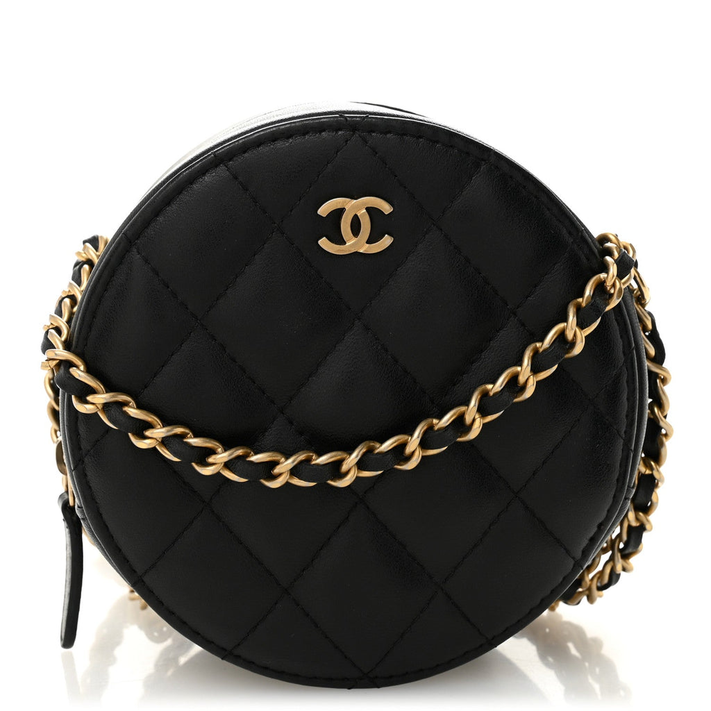 Lambskin Quilted Round Clutch With Chain Black