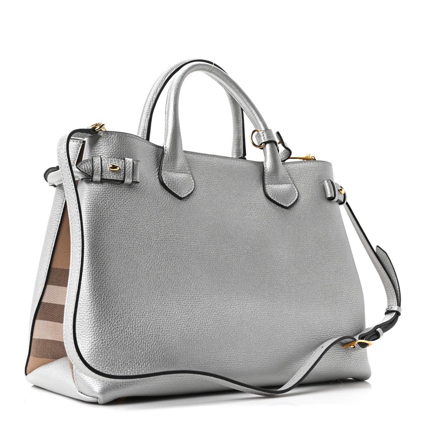 Metallic Grainy Calfskin House Check Medium Banner Tote Silver