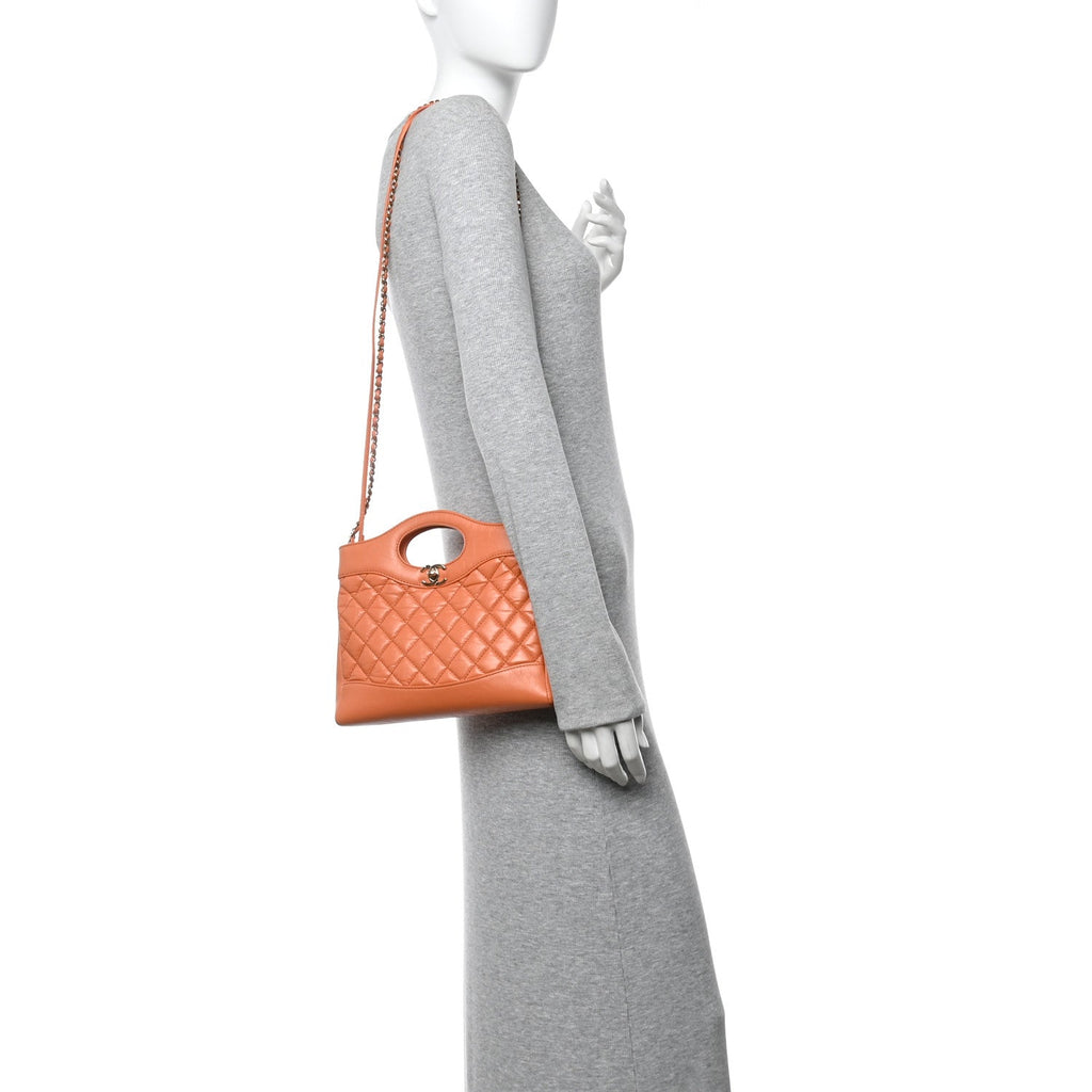 Shiny Crumpled Calfskin Quilted Mini 31 Shopping Bag Orange