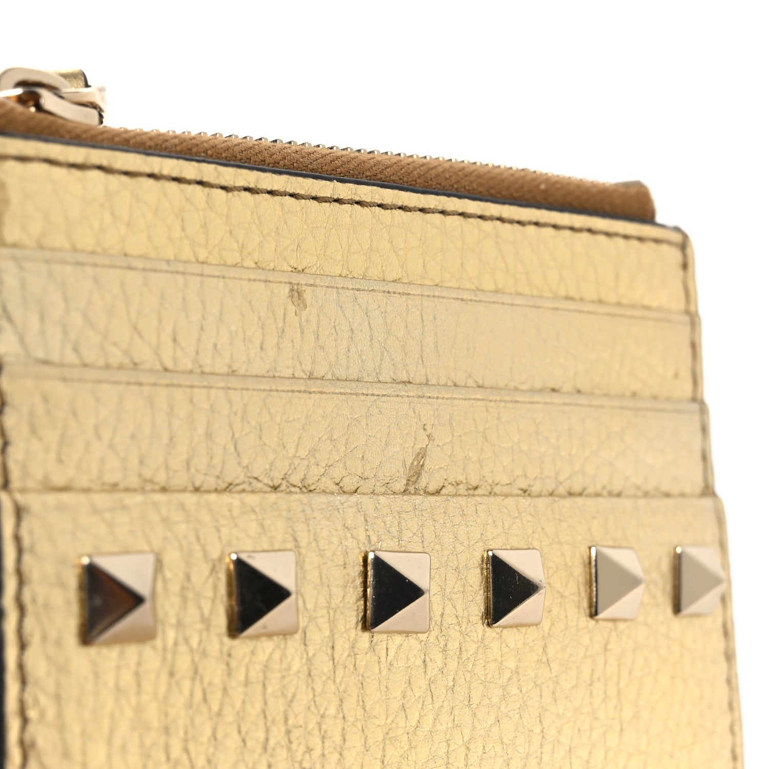 Metallic Pebbled Calfskin Rockstud  Holder With Zipper Gold