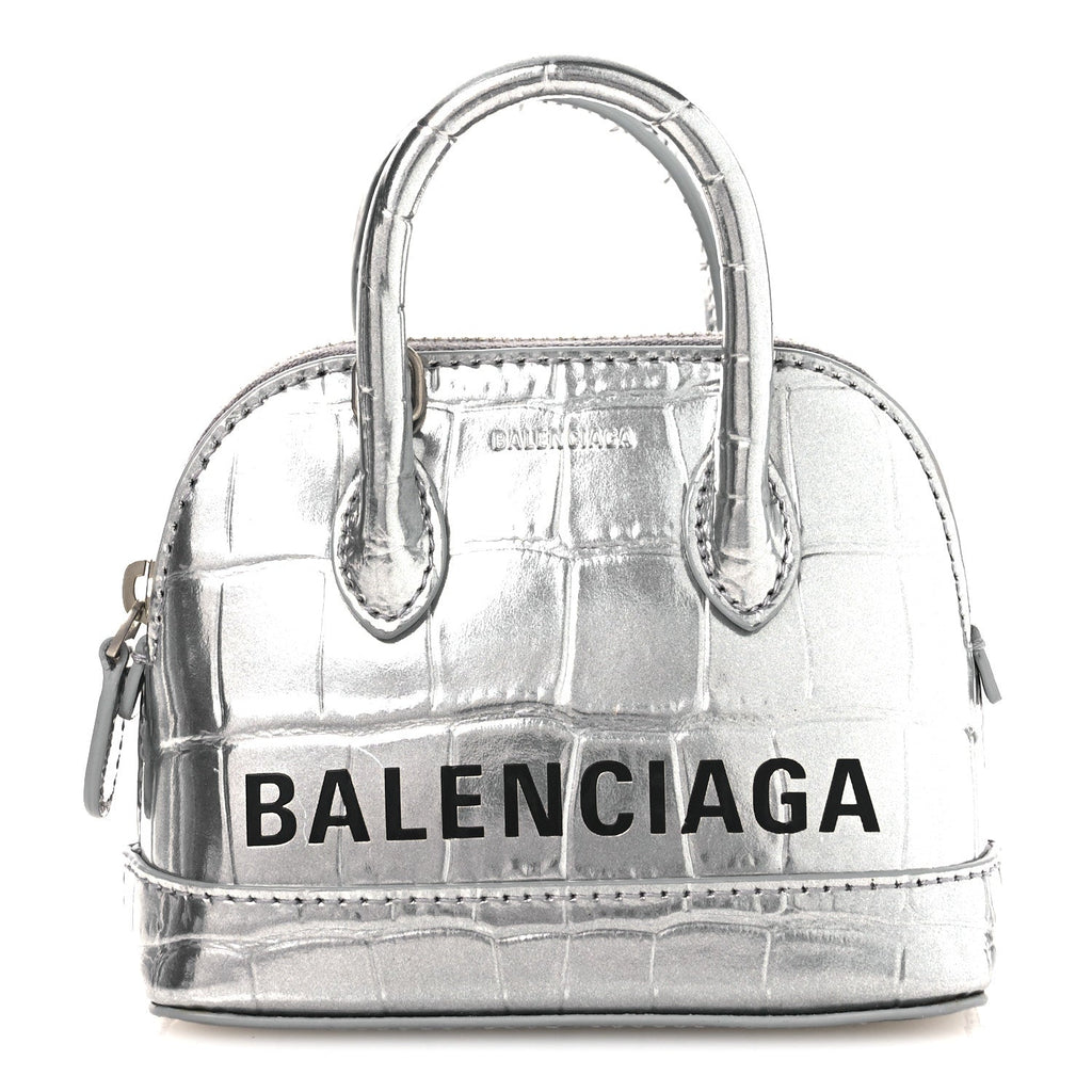 Metallic Calfskin Logo Crocodile Embossed Mini Ville Top Handle Bag Silver Black