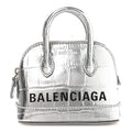 Metallic Calfskin Logo Crocodile Embossed Mini Ville Top Handle Bag Silver Black