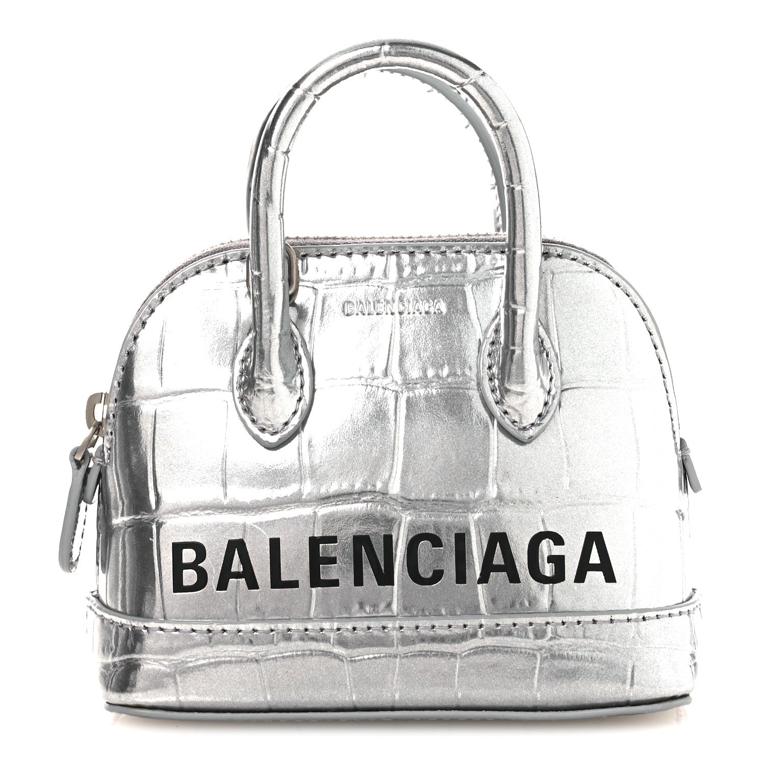 Metallic Calfskin Logo Crocodile Embossed Mini Ville Top Handle Bag Silver Black