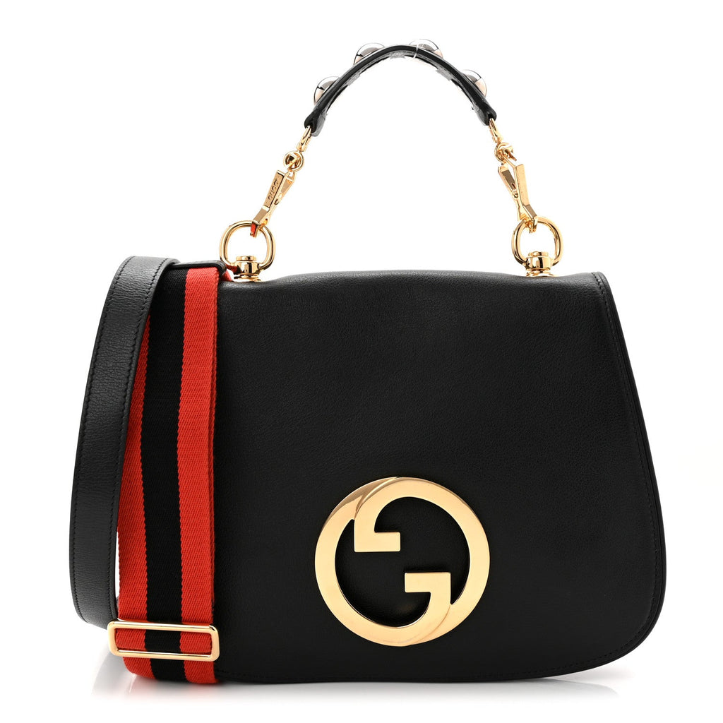 Roxy Calfskin Web Medium Studded Blondie Shoulder Flap Bag Black