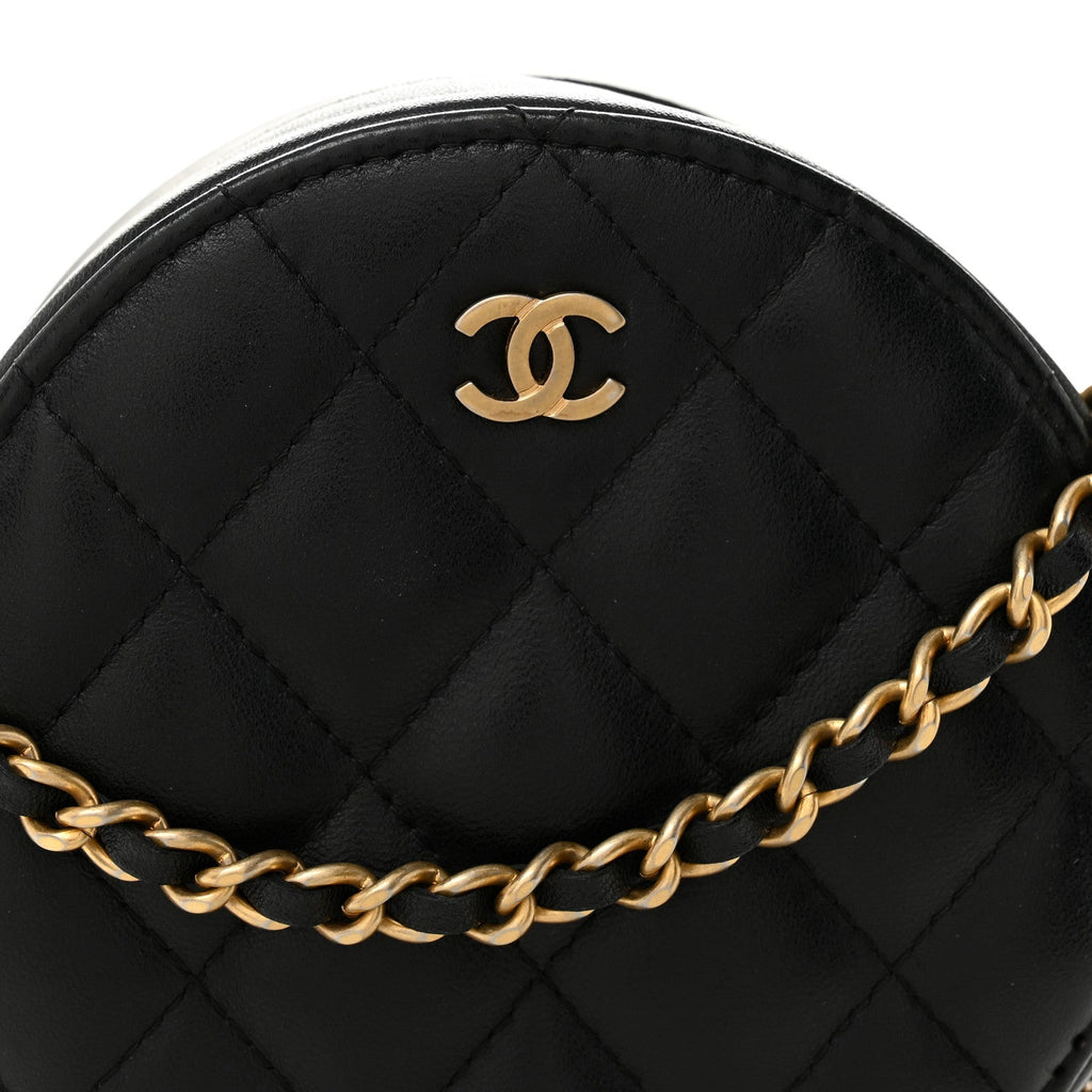 Lambskin Quilted Round Clutch With Chain Black