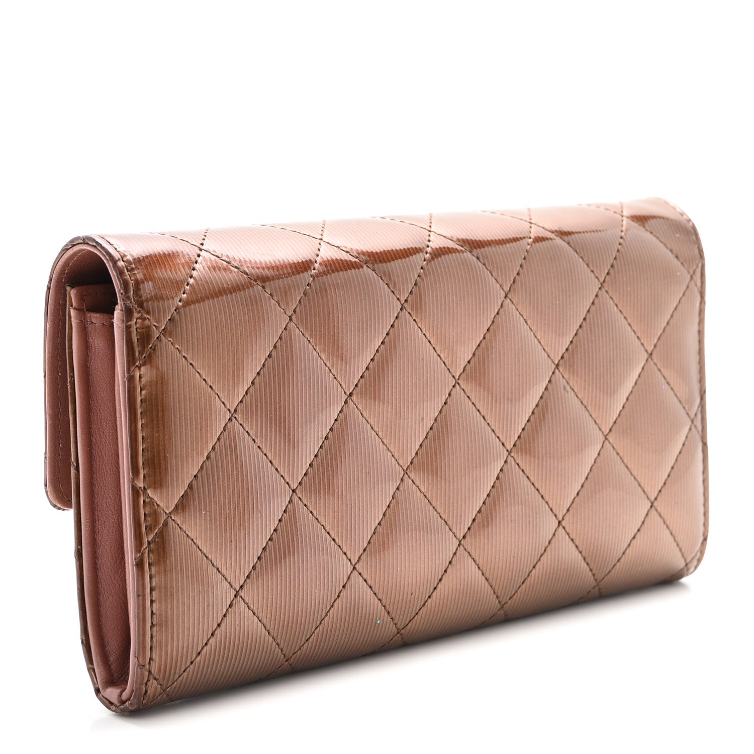 Striated Patent Quilted Large Gusset Flap Wallet Bronze