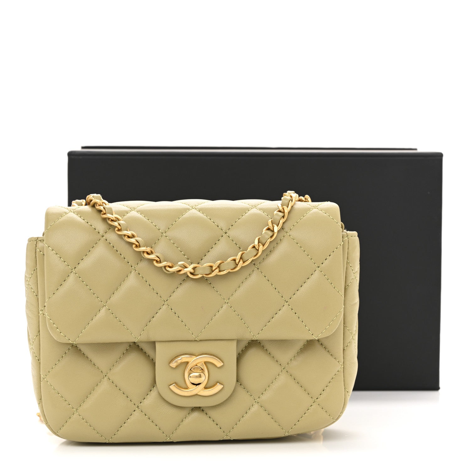 Lambskin Enamel Quilted Mini Coco Hearts Square Flap Light Green