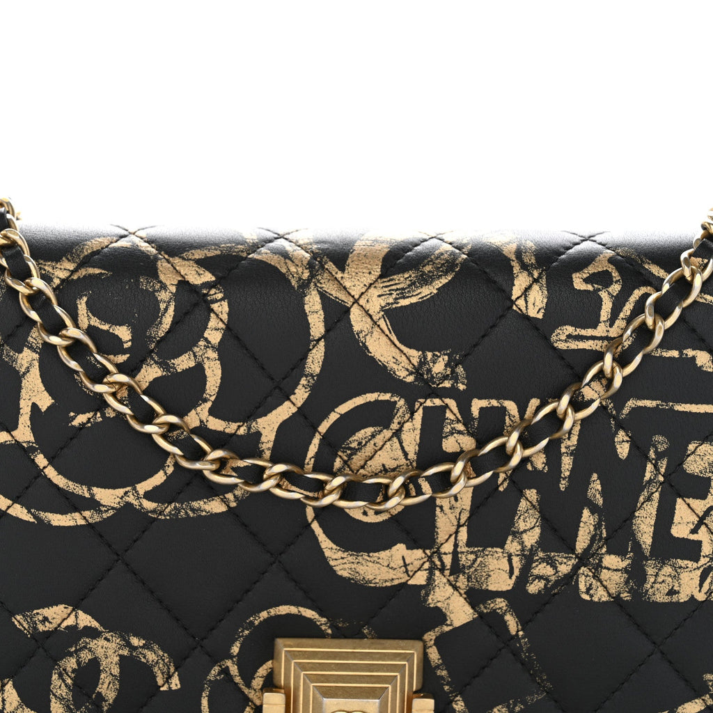 Calfskin Quilted Graffiti Pyramid Wallet On Chain WOC Black