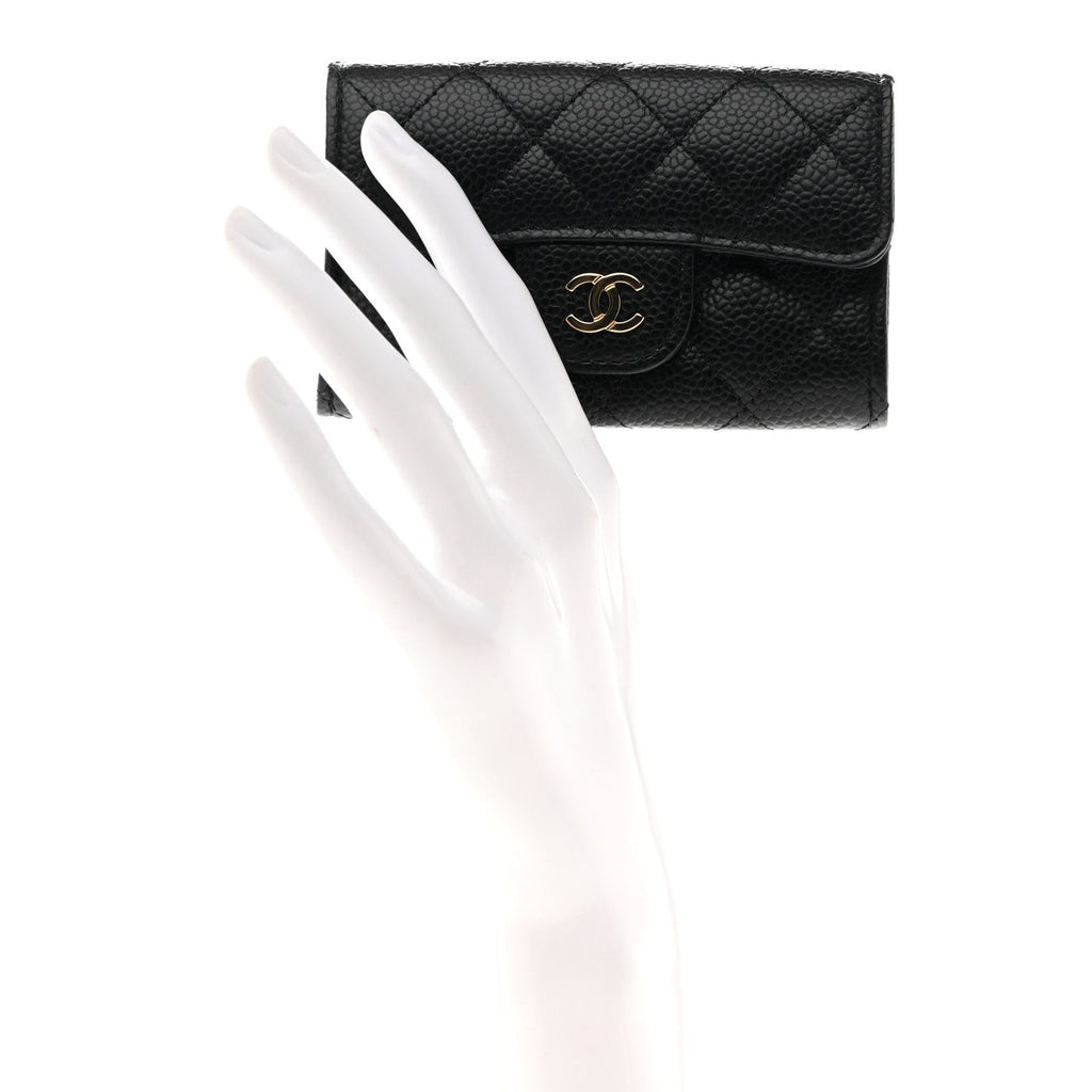 Caviar Quilted Flap  Holder Wallet Black