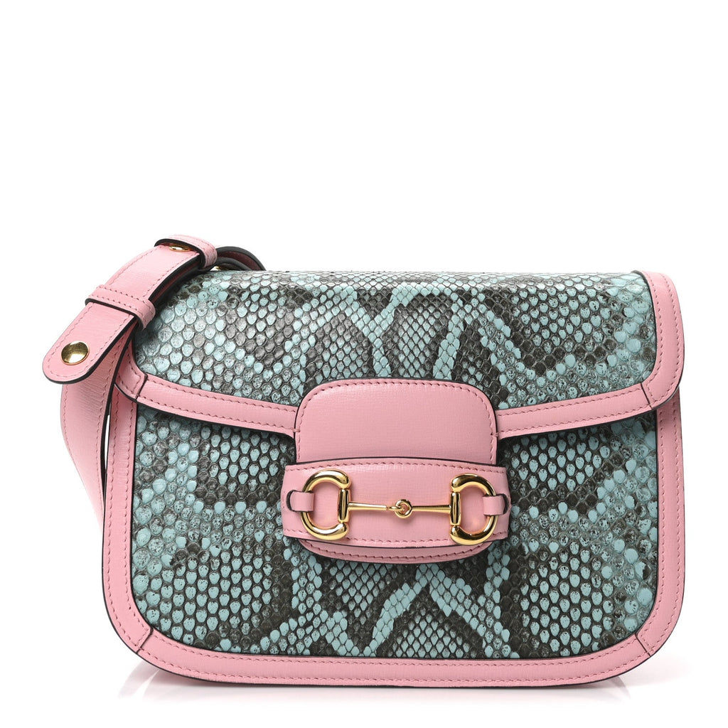 Snakeskin Calfskin Horsebit 1955 Shoulder Bag Blue Pink