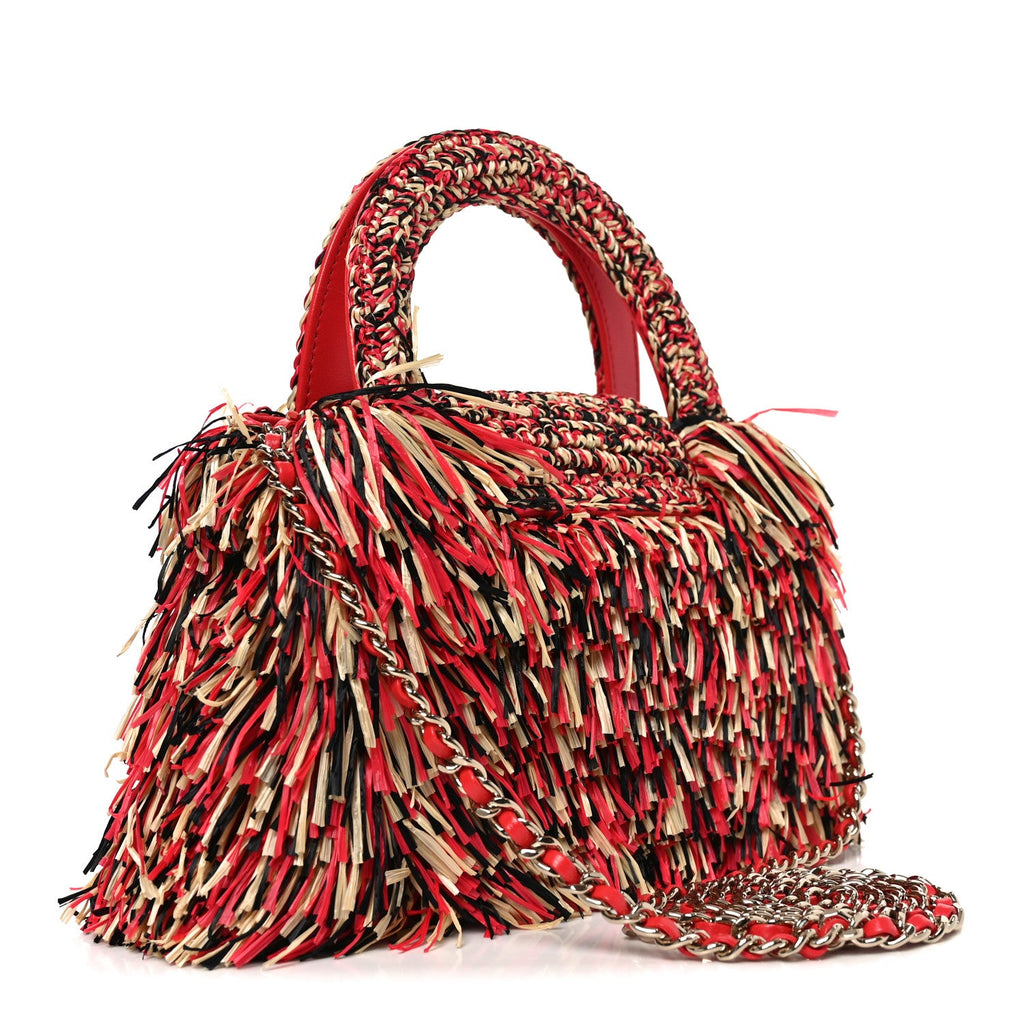 Raffia Fringe Nano Kelly Shopper Red Beige Black