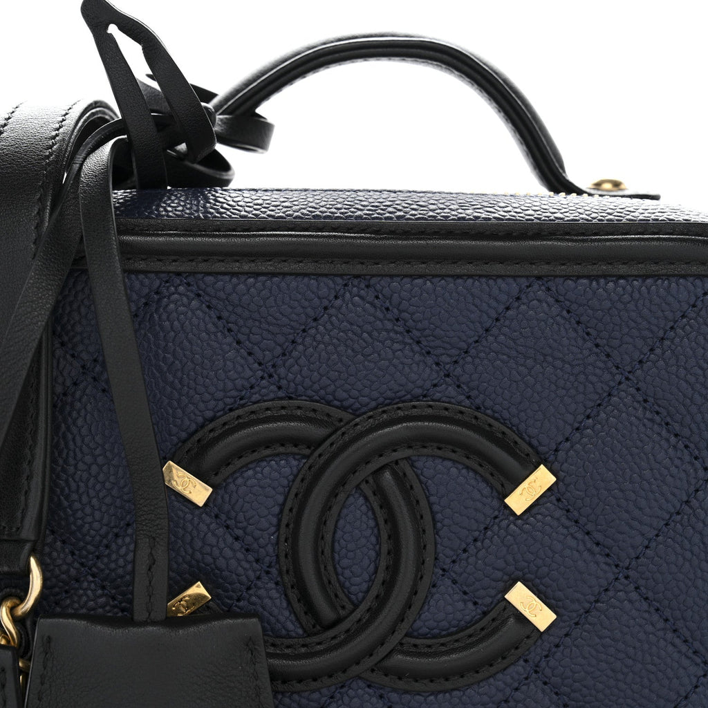 Caviar Quilted Small CC Filigree Vanity Case Navy Black