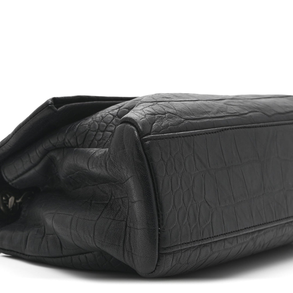 Calfskin Crocodile Embossed Medium West Hollywood Monogram Fold-Over Black