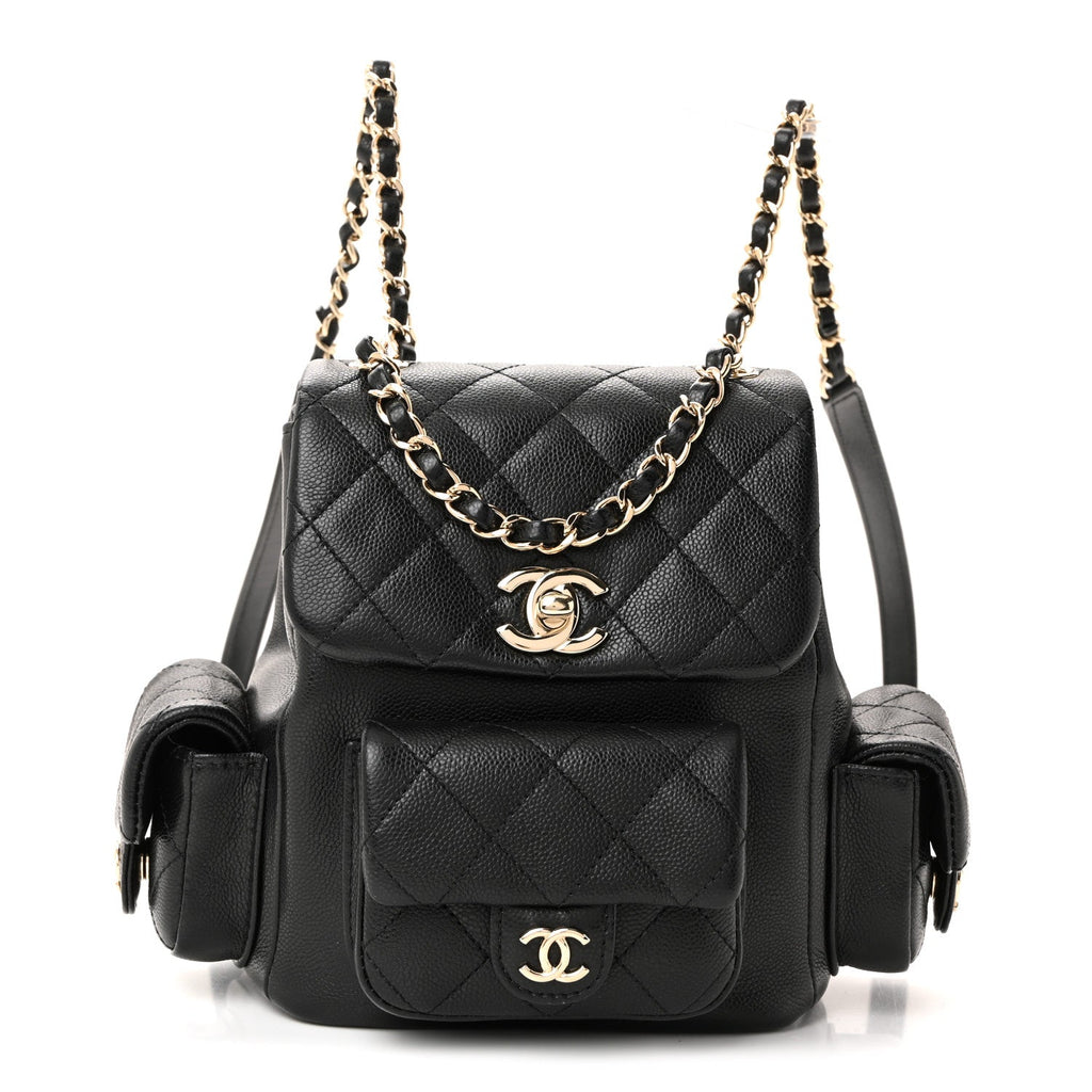 Shiny Caviar Quilted Small Duma Pockets Drawstring Backpack Black