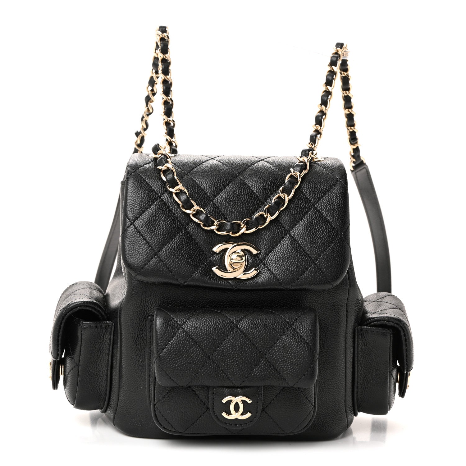 Shiny Caviar Quilted Small Duma Pockets Drawstring Backpack Black