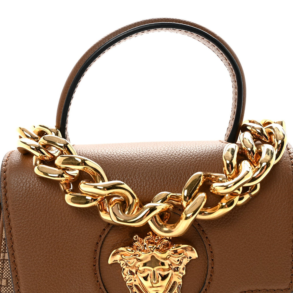 Calfskin Canvas Allover La Medusa Small Top Handle Handbag Brown