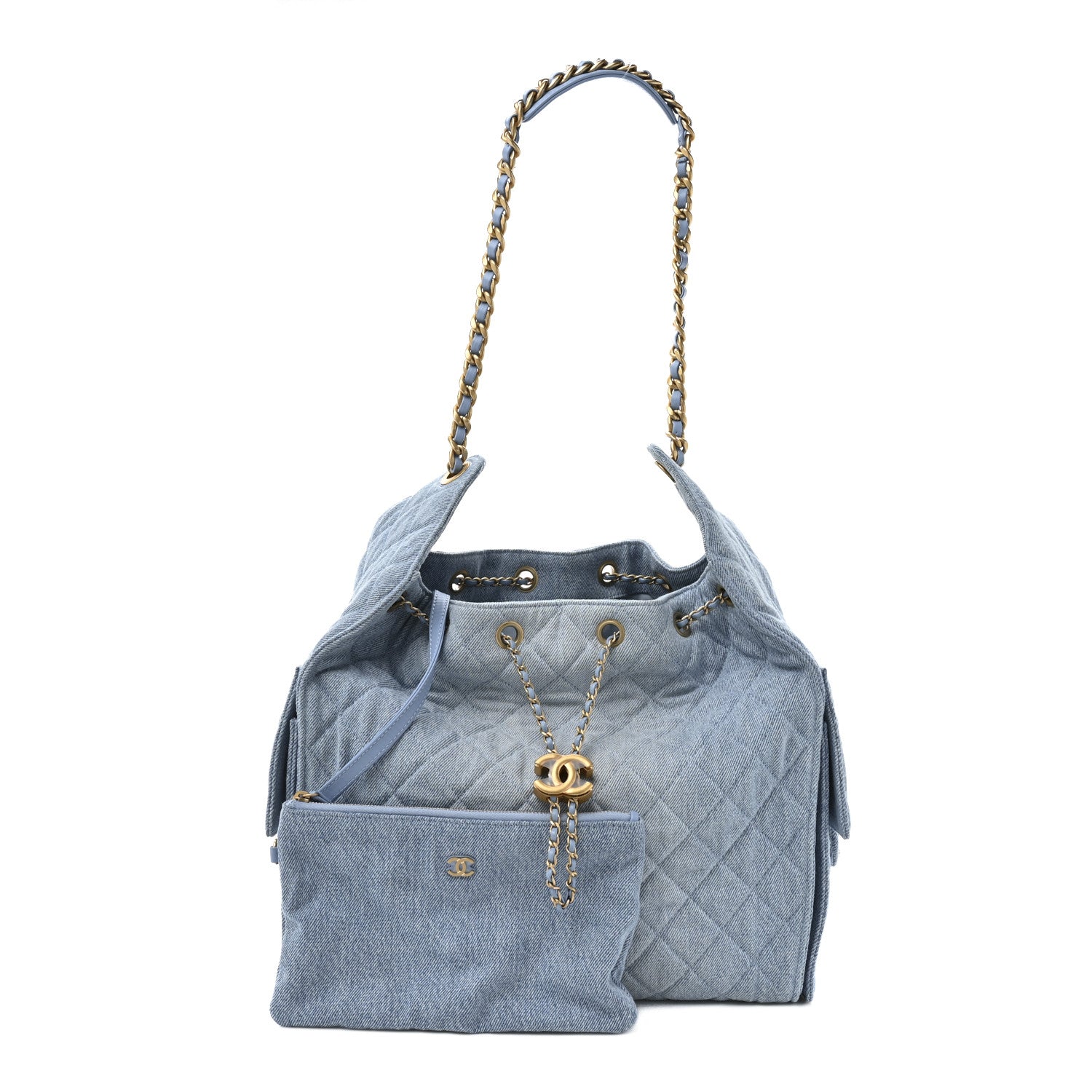 Washed Denim Quilted Medium Chanel 25 Handbag Blue