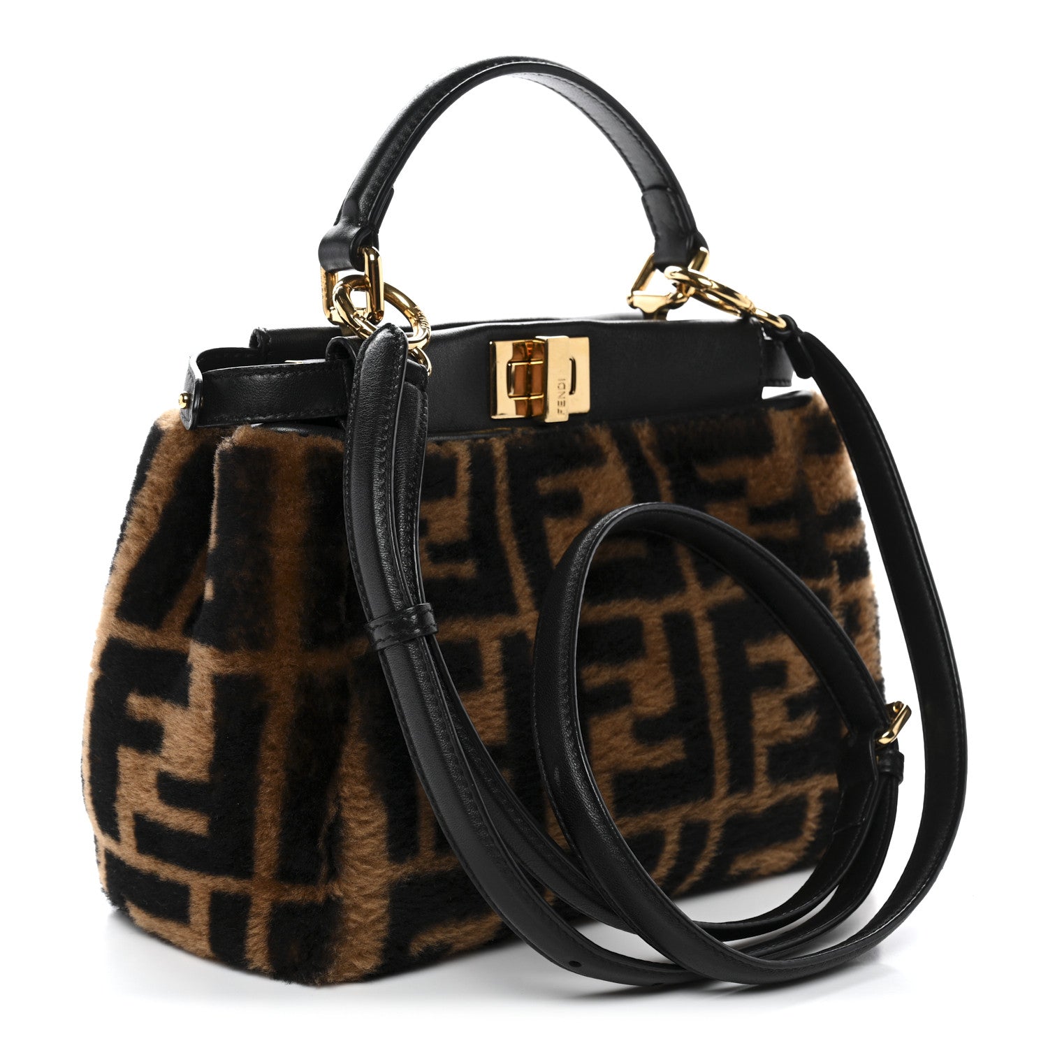 Shearling Nappa Macro FF 1974 Mini Peekaboo Iconic Satchel Tobacco Black