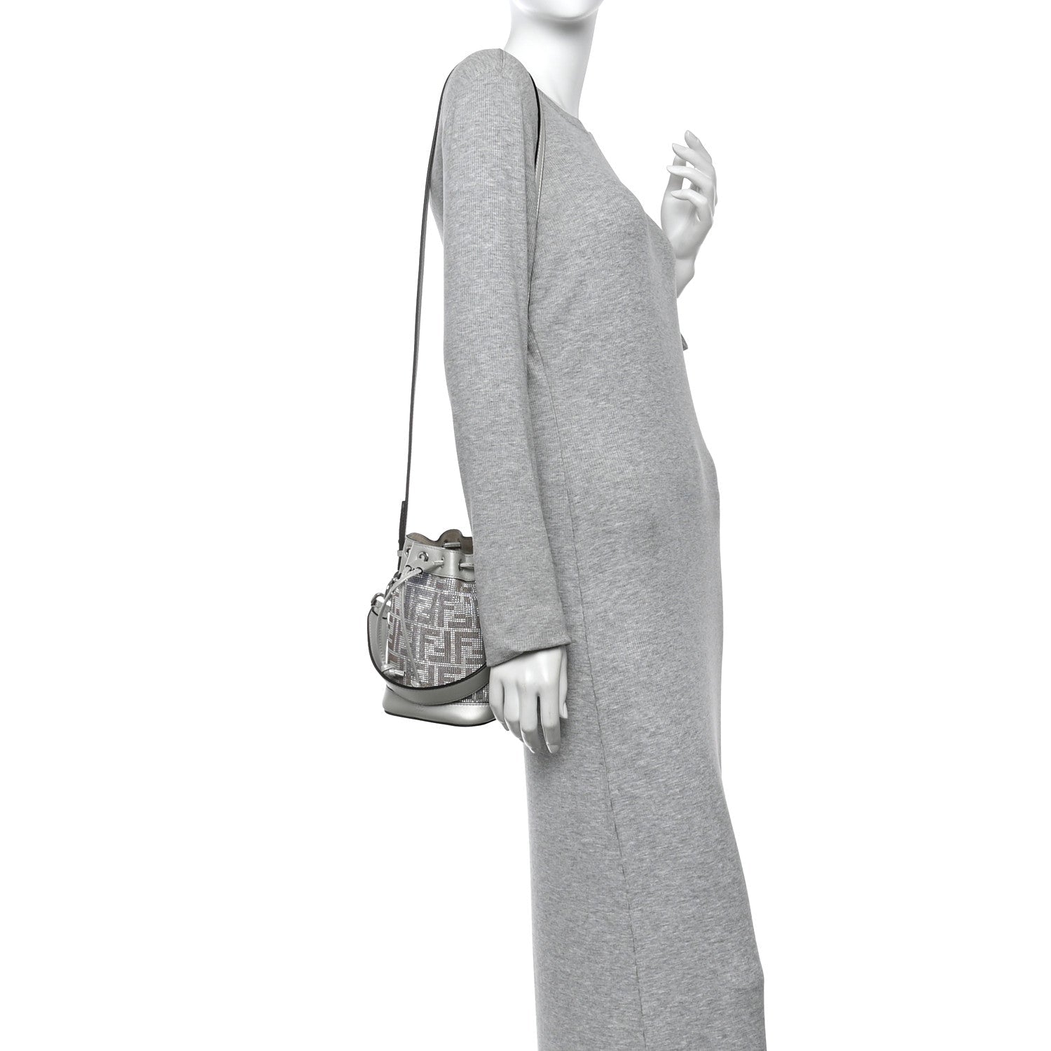 Crystal Vitello Laminato FF Mini Mon Tresor Bucket Bag Crystal Argento