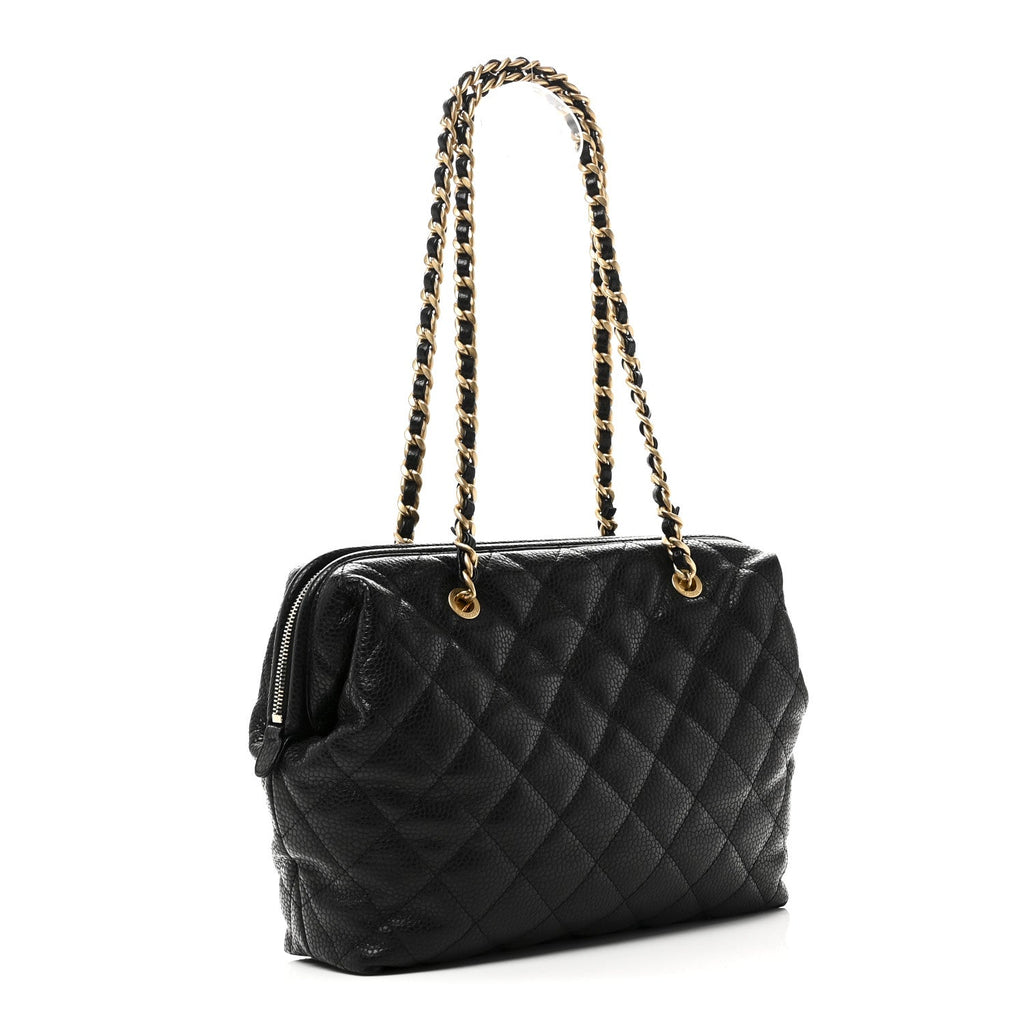 Shiny Caviar Quilted Large Bowling Bag Black