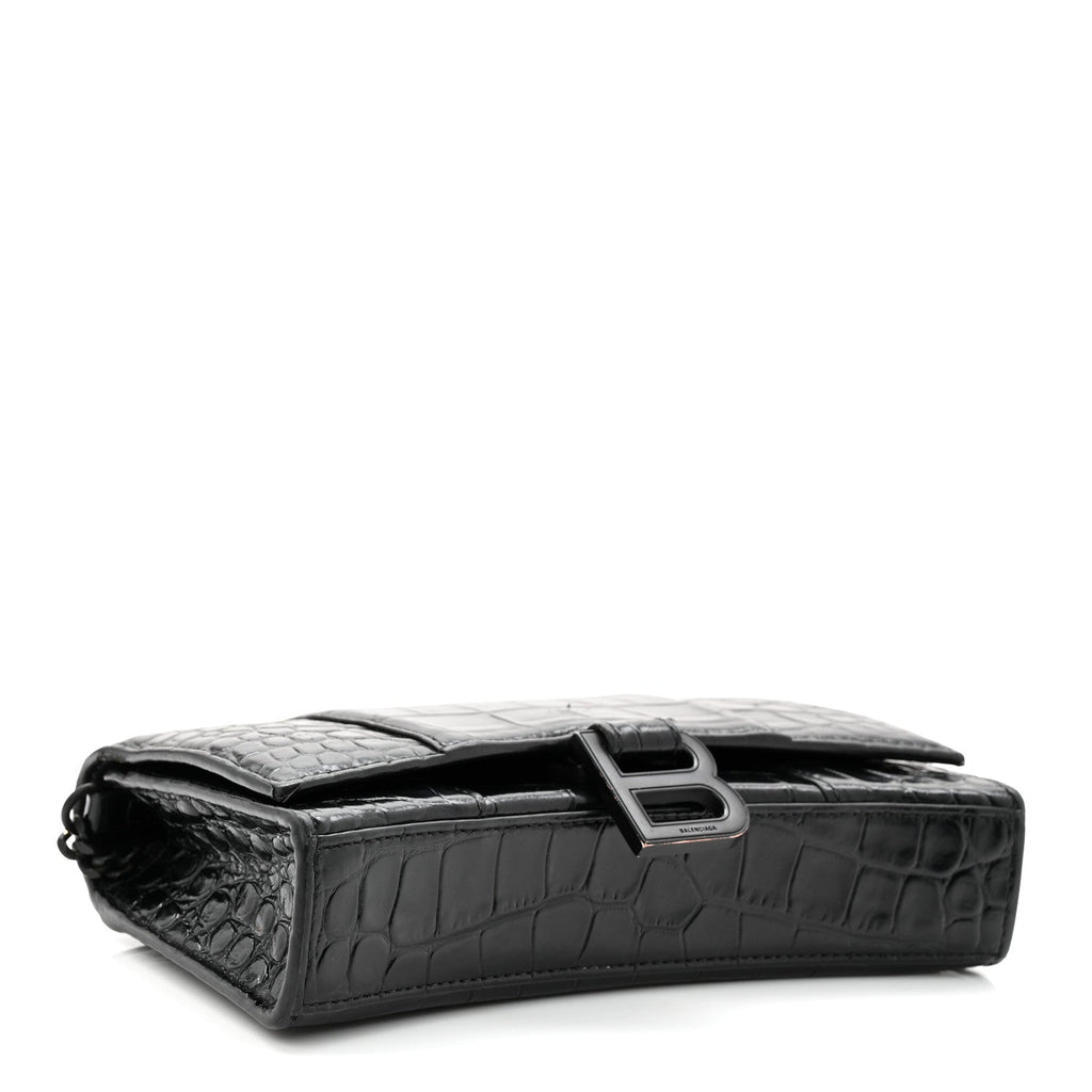 Shiny Calfskin Monochrome Crocodile Embossed Hourglass Chain Bag Black