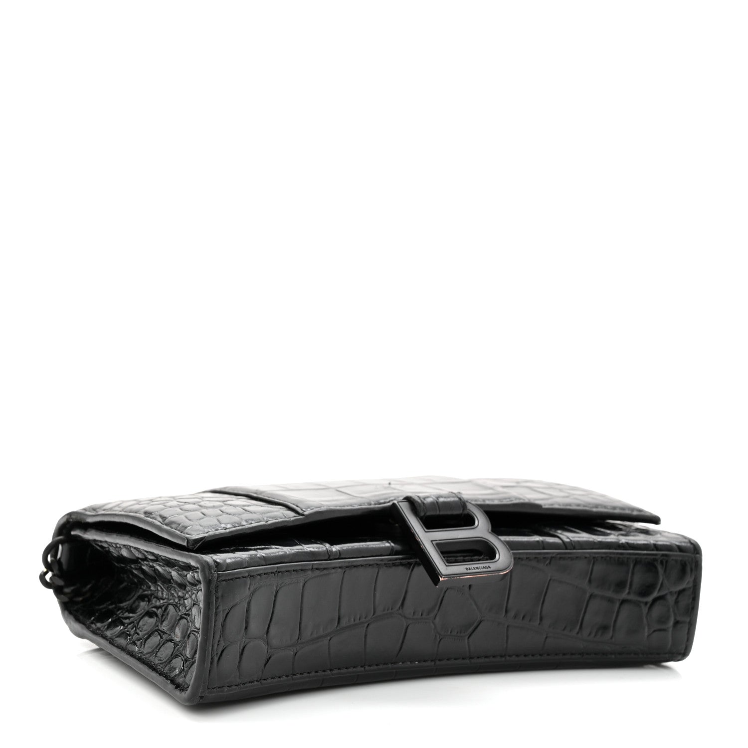 Shiny Calfskin Monochrome Crocodile Embossed Hourglass Chain Bag Black
