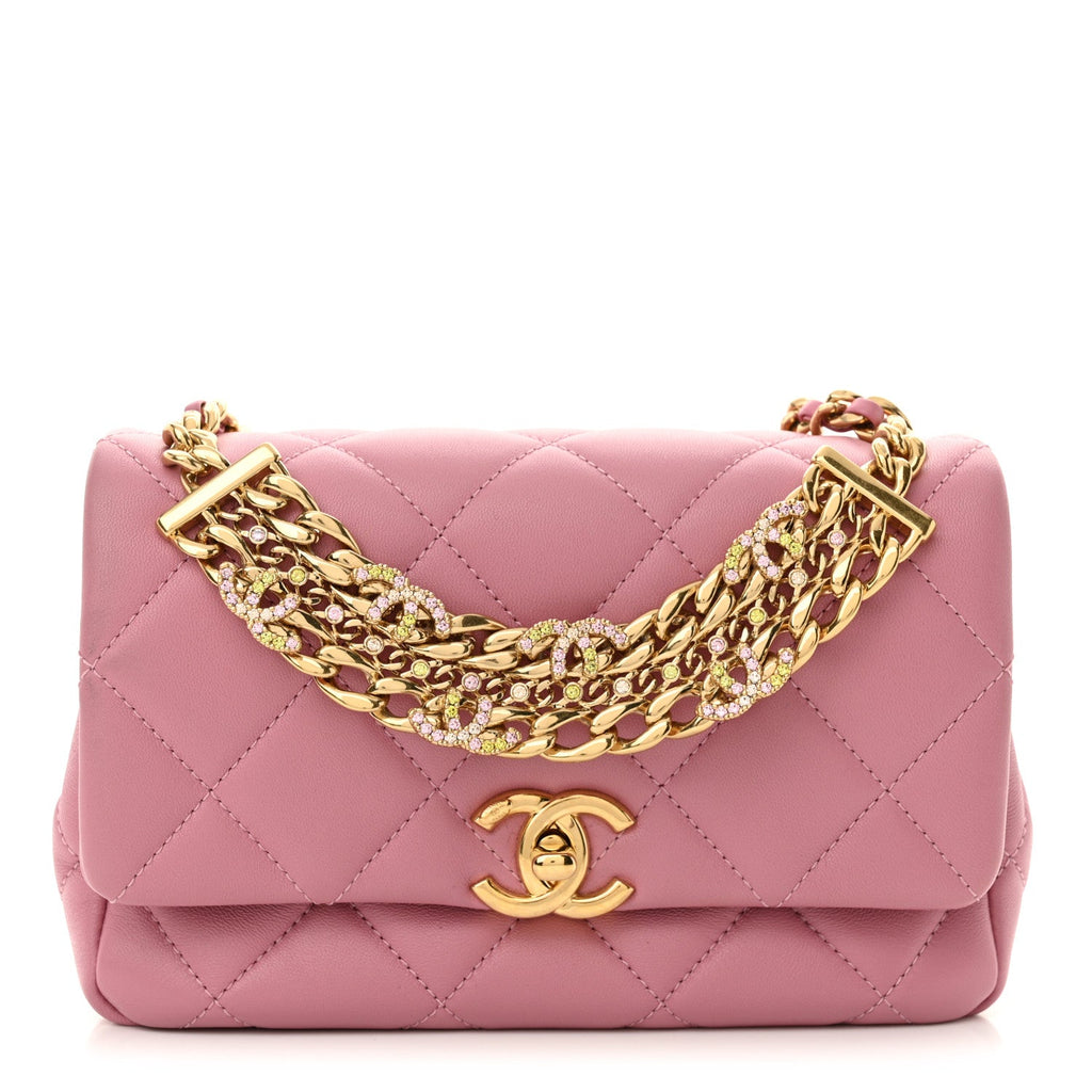 Lambskin Quilted Mini CC Crystal Logo Chain Flap Pink
