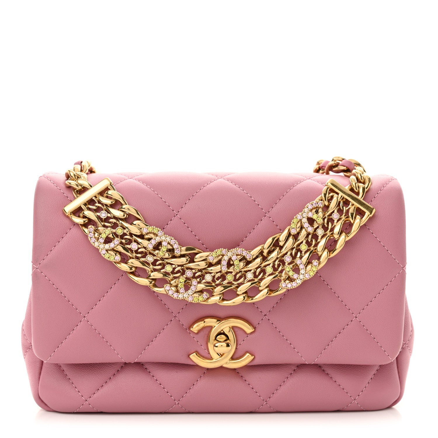 Lambskin Quilted Mini CC Crystal Logo Chain Flap Pink